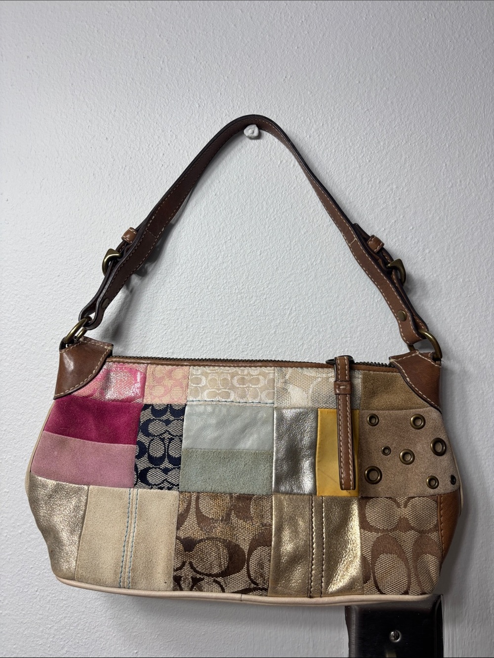 Coach Patchwork Shoulder Bag in Pink, Navy, Cream & Tan